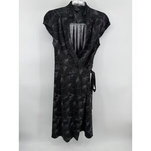Banana Republic Black Grey Abstract Dot Ruffle Wrap Dress Size 4 Short Sleeve